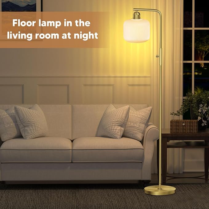 66" Dimmable Gold Standing Lamp with White Ribbed Glass for Living Room | Vintage Floor Lamp with Brushed Gold, Stepless Rotary Switch and 3000K LED Bulb, Arc Floor Lamp for Bedroom & Study Room