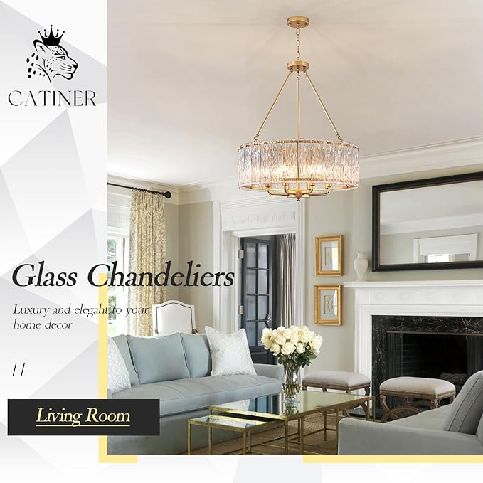 Gold Drum Chandelier 24.4" Modern Crystal Glass Chandeliers Luxury 8-Light Pendant Ceiling Chandelier Lighting for Dining Room Foyer Living Room Bedroom