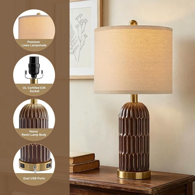 22.5" Bedside Table Lamps Set of 2, Farmhouse Table Lamp with USB A+C Charging Ports, Vintage Nightstand Lamp for Bedrooms and Living Rooms, Mid Century Modern End Table Lamp, Brown and Gold