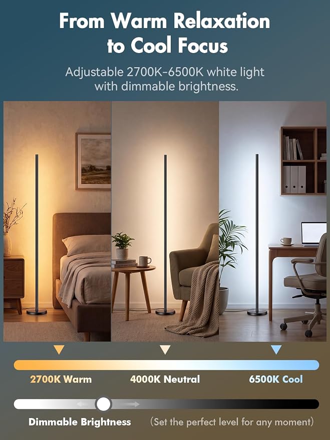 RGBICW Corner Floor Lamp, Smart LED Floor Lamp for Ambient Lighting with 16 Million Colors, App & Remote Control, 68 Scene Modes, Music Sync, Adjustable Warm White for Bedroom Living Room