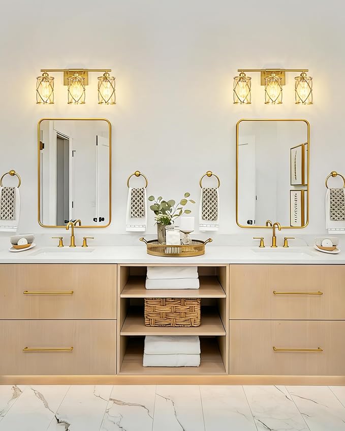 3-Light Brushed Gold Bathroom Light Fixtures, 21 Inch Modern Bathroom Vanity Lighting Fixtures Over Mirror with Clear Glass and Metal Cage Wall Sconce Lights for Bath, E26, CH9176BG-3W