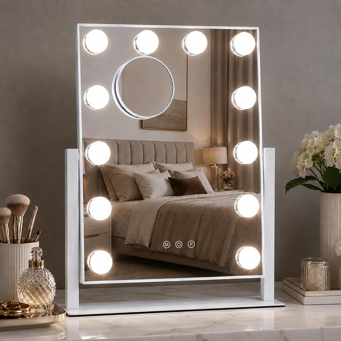 Vanity Mirror with Lights, Dimmable Desk Mirror, 12 Bulbs, 16.4'' x 13.1'' | 3 colors Lighted Makeup Mirror, Touch Control, Detachable 10X Magnification, 360 Rotation, Gift for Wife, Mom, Girls