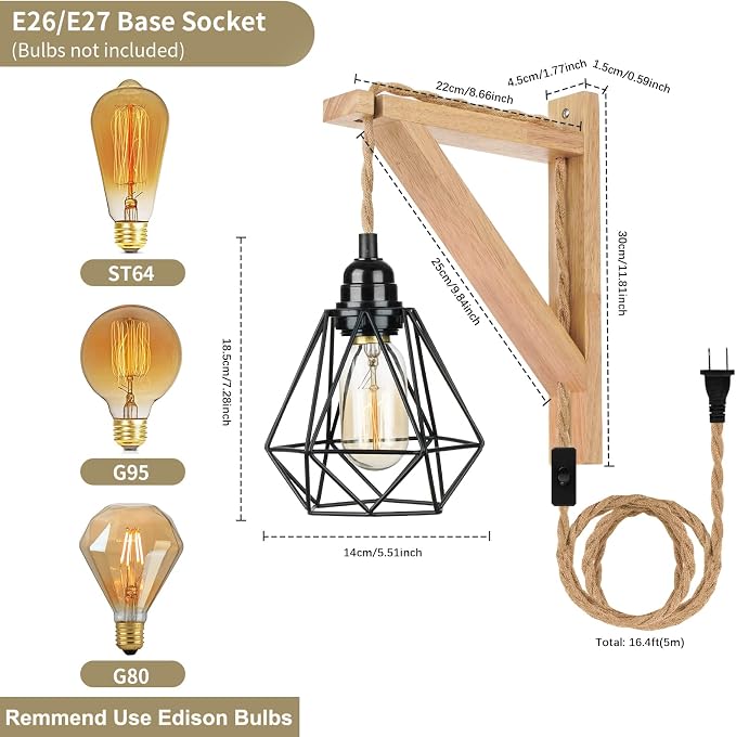 Frideko Plug in Wall Sconce Boho Farmhouse Hanging Wall Lamp with Plug in Cord, Wall Light with Wood Shelf Bracket for Bedroom Living Room Apartment RV Camper(Black)