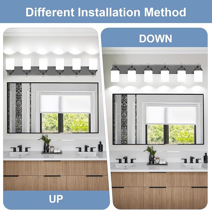 Matte Black Bathroom Light Fixtures, 6 Lights Bathroom Lighting Fixtures Over Mirror, Square Design & Rectangle Large Backplate, Modern Vanity Lighting Fixtures, for Living Room/Bedroom