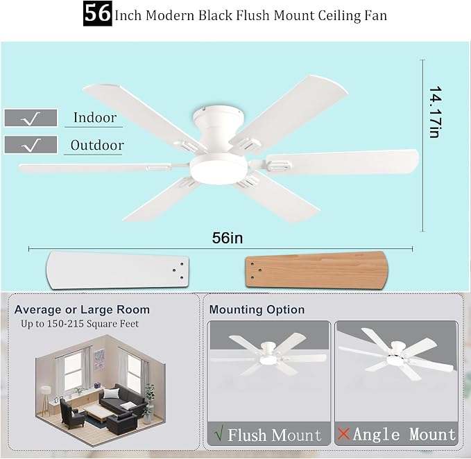 KNUN 56 inch Ceiling Fans with Lights, White Flush Mount Ceiling fan with Light and Remote/APP Control, 3CCT,Dimmable, Noiseless, Low Profile Ceiling Fan for Bedroom, Patio, Indoor/Outdoor Use