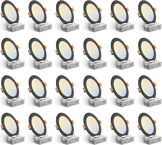Amico 24 Pack 6 Inch Black 5CCT Ultra-Thin LED Recessed Ceiling Light with J-Box, 2700K/3000K/3500K/4000K/5000K Selectable, 12W Eqv 110W, Dimmable Canless Downlight, 1050LM High Brightness, ETL, FCC
