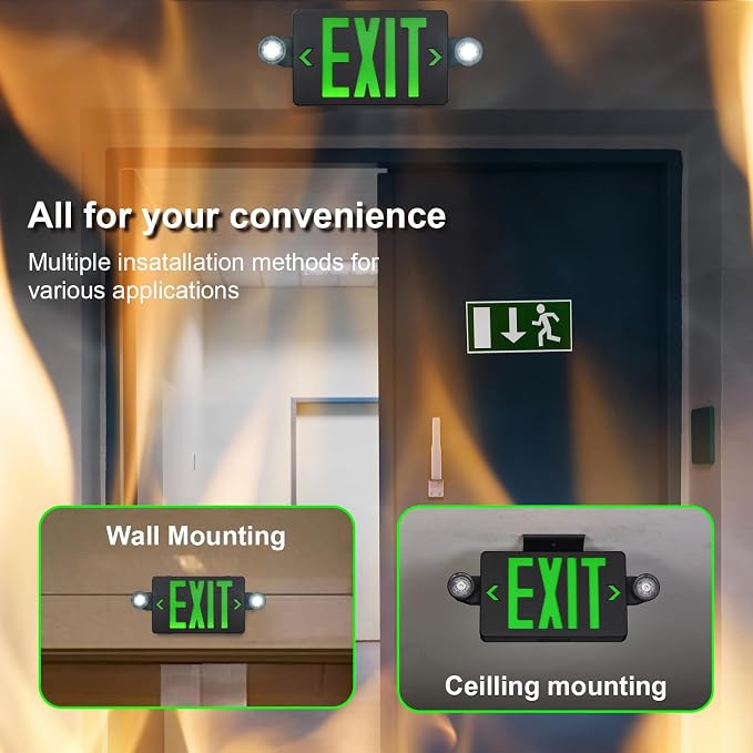 TANLUX Green Exit Sign with Emergency Lights, LED Emergency Exit Light with Battery Backup, Black Housing, UL Listed, AC 120/277V, Commercial Emergency Lights Combo for Business - 1 Pack