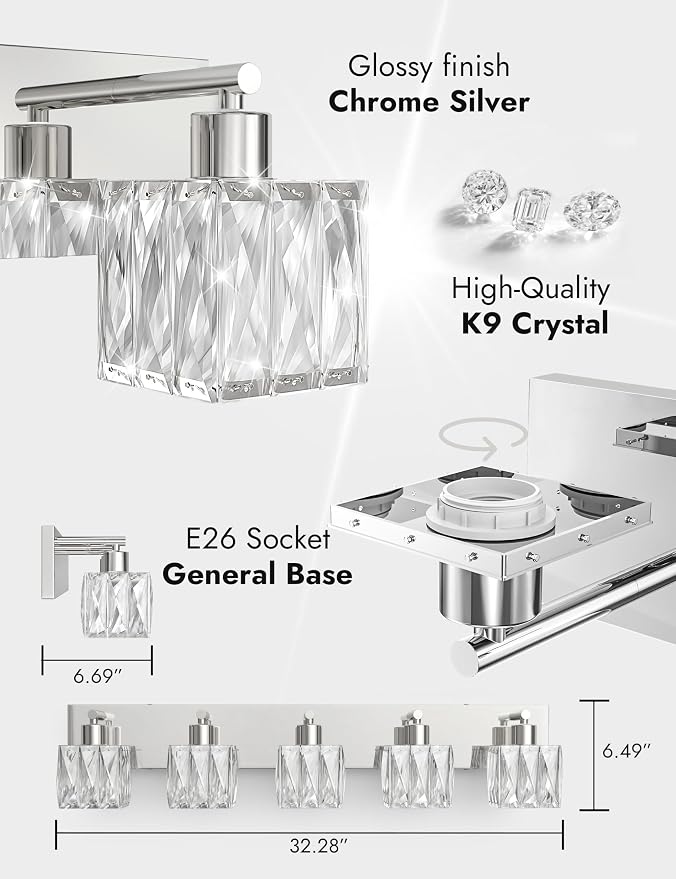VOLISUN Chrome Bathroom Light Fixtures, Modern Stainless Steel Bathroom Lighting Fixtures Over Mirror, 5 Light Bathrooms Vanity Light, Crystal Vanity Light for Bathrooms-UL Certificated(Exclude Bulb)