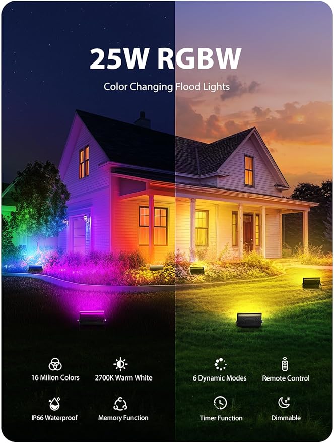 Onforu RGB LED Flood Light Outdoor, 25W Color Changing Stage Lights with Remote, 2700K Warm White Uplights for Events 3 Pack, IP66 Uplighting Indoor for Halloween, Party, Wall Wash, Landscape