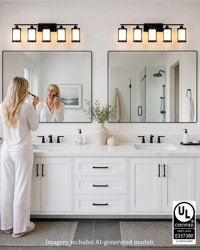 5-Light Matte Black Bathroom Light Fixtures Over Mirror with Frosted Milk Glass and Metal Cage Shade, 38" UL-Listed Modern Farmhouse Wall Sconce for Bath, Hardwire E26, OS-3014BKW-5W