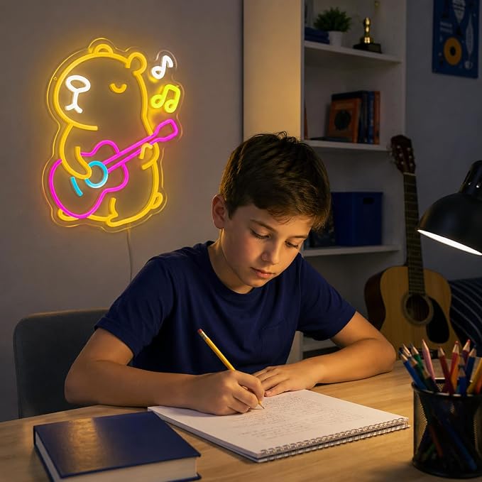 Capybara Neon Sign Animal Neon Light LED Neon Capybara Light for Wall Decor | Dimmable Capybara Neon Light with Guitar Design for Kids Bedroom Party Decor Birthday Gift for Children and Capybara Lovers