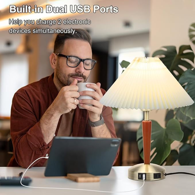 Touch Bedside Table Lamp - Modern Small Lamp for Bedroom Living Room Nightstand, Desk lamp with Fabric Lamp Shade, Warm LED Bulb, 3 Way Dimmable, Simple Design Mother's Day Gifts (Brown)
