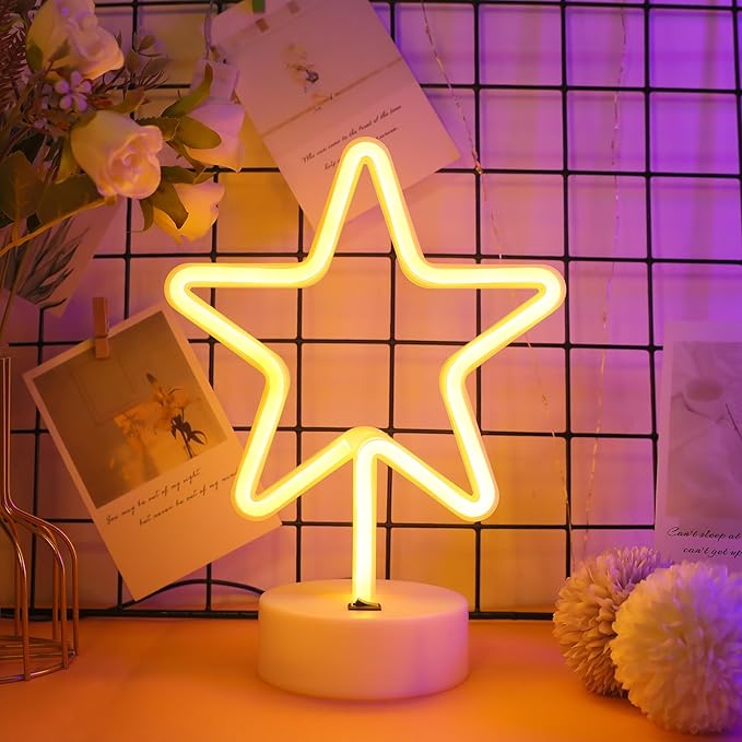 ENUOLI Warm White Star Shaped LED Neon Light Lamp with Base Battery Operated USB Powered LED Star Neon Sign Home Christmas Decoration Lights for Home Hotel Bedroom Store Decoration Night Light