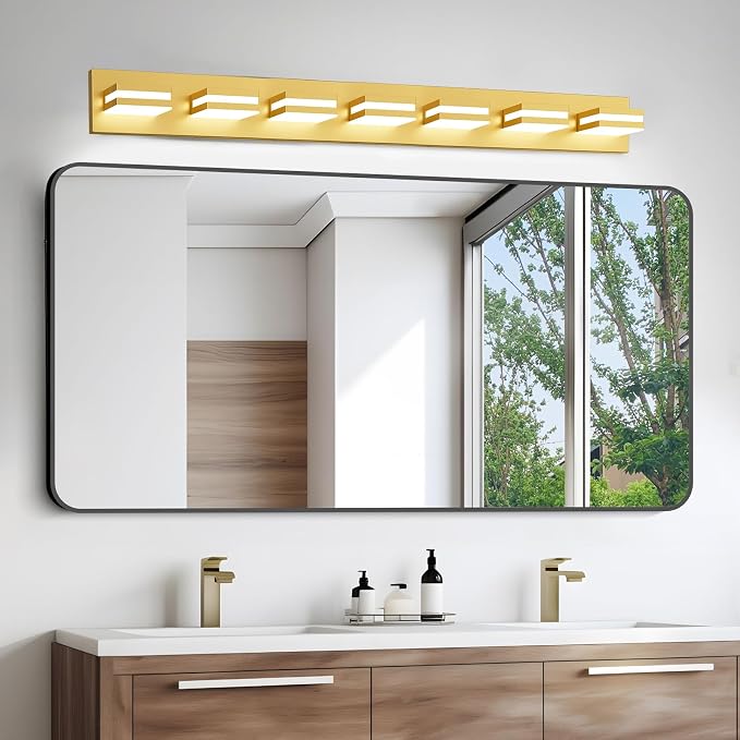 IZORRO LED Modern Bathroom Lights Fixtures(7-Light,Dimmable,360°Rotate),Brushed Glod Acrylic Wall Lighting,Vanity Lights for Bathroom Over Mirror - 6000k 40In （No Assembly Required）
