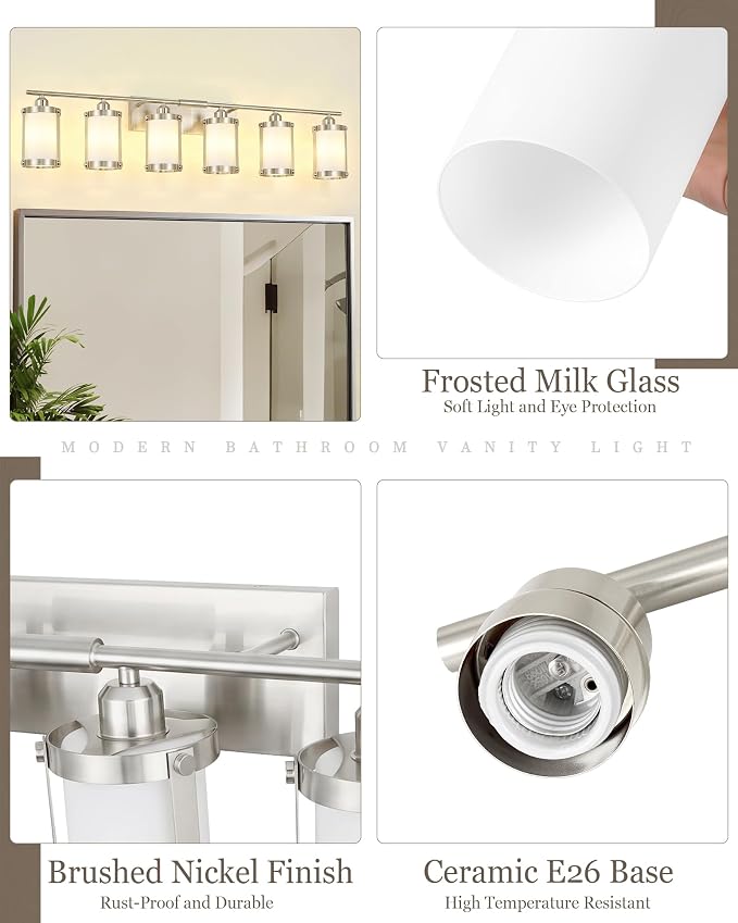 6-Light Brushed Nickel Bathroom Light Fixtures Over Mirror with Frosted Milk Glass and Metal Cage Shade, 42" UL-Listed Modern Farmhouse Wall Sconce for Bath, Hardwire E26, OS-3014BNW-6W