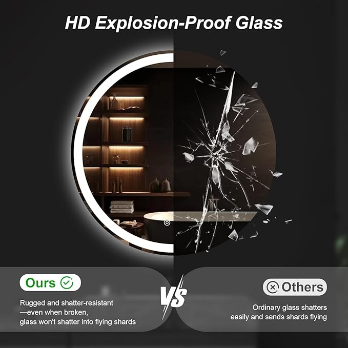 Sweetcrispy 36 Inch Round LED Mirror for Bathroom with Lights, Circle Vanity Mirror with Anti-Fog, Dimmable, 3-Color Light, Memory Function, Tempered Glass