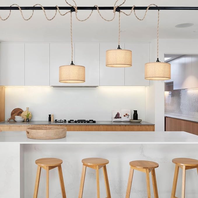 3 Light Plug in Pendant Lights Fabric Hanging Lamp Kit with Switch 22 Ft Long Hemp Rope Farmhouse Pndant Light Cord Lighting Fixture DIY Hanging Light