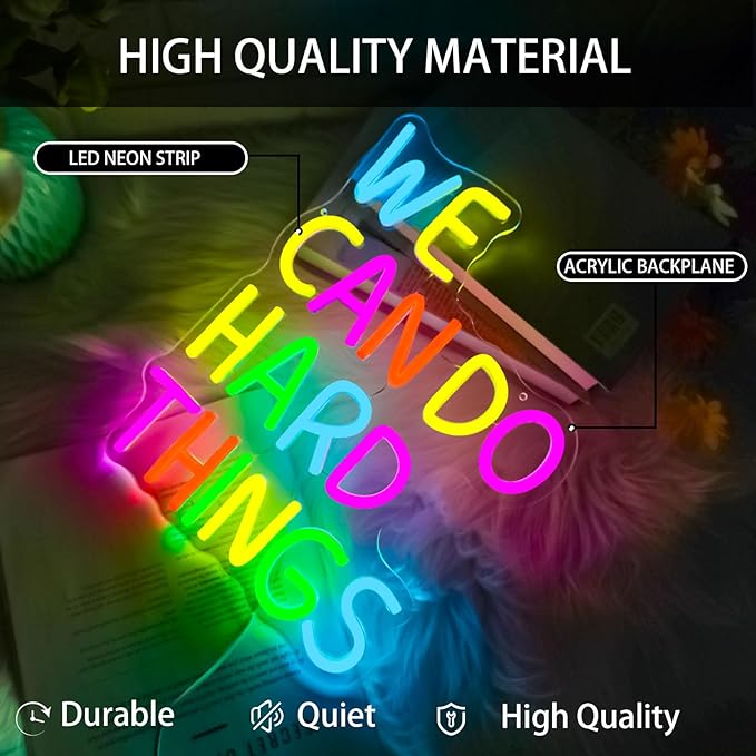 We Can Do Hard Things Neon Sign, LED Motivational Neon Lights for Wall Decor, Dimmable Positive Quote Neon Lights for Classroom, Kids Room, Bedroom, Library, Birthday Party Decoration