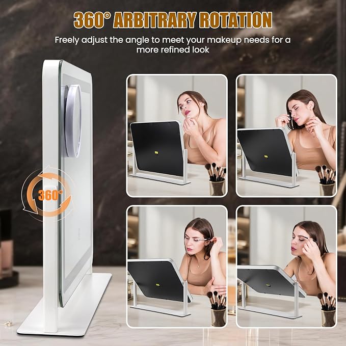 Rechargeable Vanity Mirror with Lights, 3000mAH Battery, 16"×12.4" LED Makeup Mirror, 10X Magnification, Smart Touch with 3-Color Lighting, 360° Rotation, Lighted Up for Makeup Desk, Bedroom (White)