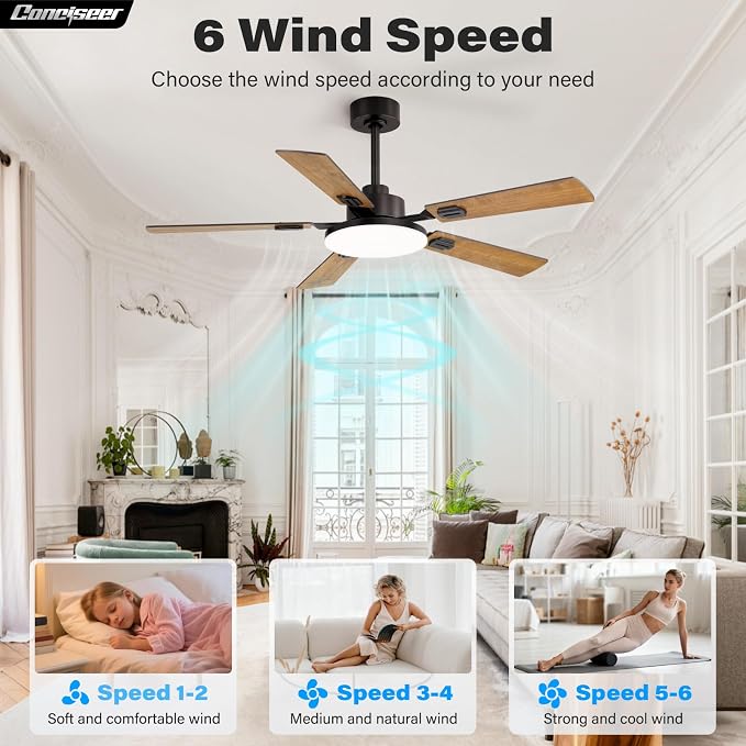 60 Inch Ceiling Fans with Lights and Remote, Bedroom Living Room Office Library Cafe Outdoor Industrial, 5CCT Dimmable, Dual Color 5 Blades, 6 Speed Reversible Quiet DC Motor, Brown/Wood Grain