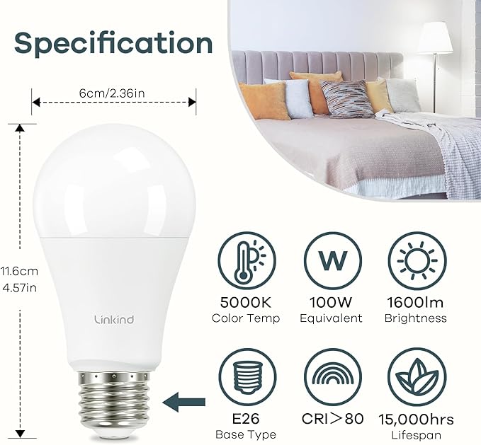 Linkind A19 LED Light Bulb, 100W Equivalent Light Bulbs, 14W 5000K Daylight, 1600 Lumens Non-Dimmable LED Bulb, E26 Standard Base, Energy Efficient UL Listed, 6-Pack
