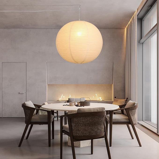 23.6in Paper Lanterns Plug in Hanging Lamp White, 19.7FT Cord | Rice Paper Lamp Lantern Pendant Light Large Globe Japanese Japandi Wabi Sabi Chandelier for Dining Living Room Bedroom 2 Pack