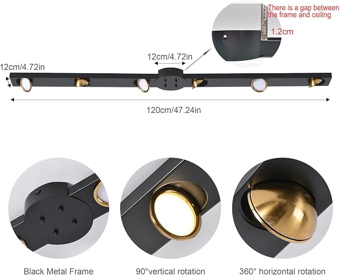 Garwarm 47 Inch Modern Ceiling Light, LED Dimmable Low Profile with Remote | Black Flush Mount Track Lighting Fixtures Ceiling with Rotatable Light Heads,3000K-6500K for Kitchen, Dining Room, Bedroom