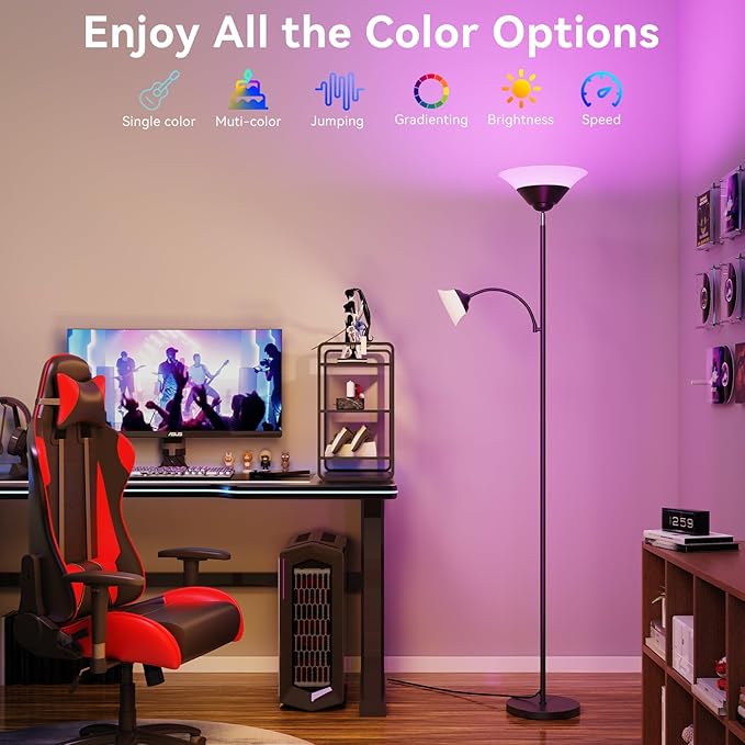 RGB Torchiere Floor Lamp, 2-in-1 Dimmable Standing Lamp with Remote & Button Control, 34W 360° Rotatable LED Reading Lamp, 72" Modern Tall Corner Lamp for Bedroom, Living Room, Office, Black