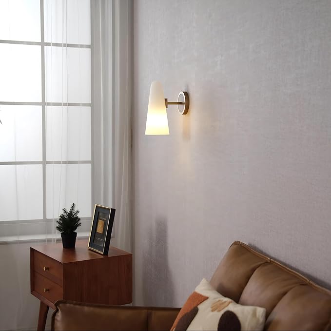 Bianco Brass Wall Sconce, Indoor Wall Lighting Bedroom Bedside Wall Lamp with Milky White Glass Shade Vanity Lighting Fixture