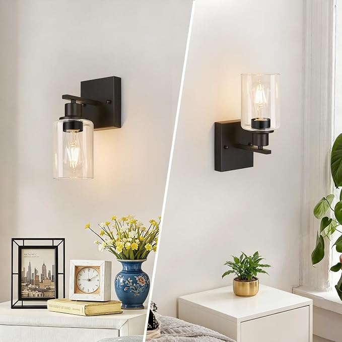 Indoi 1-Light Bathroom Light Fixtures, Matte Black Modern Vanity Lights with Clear Glass Shades, Bathroom Wall Lamp for Mirror Living Room Cabinet Bedroom Porch