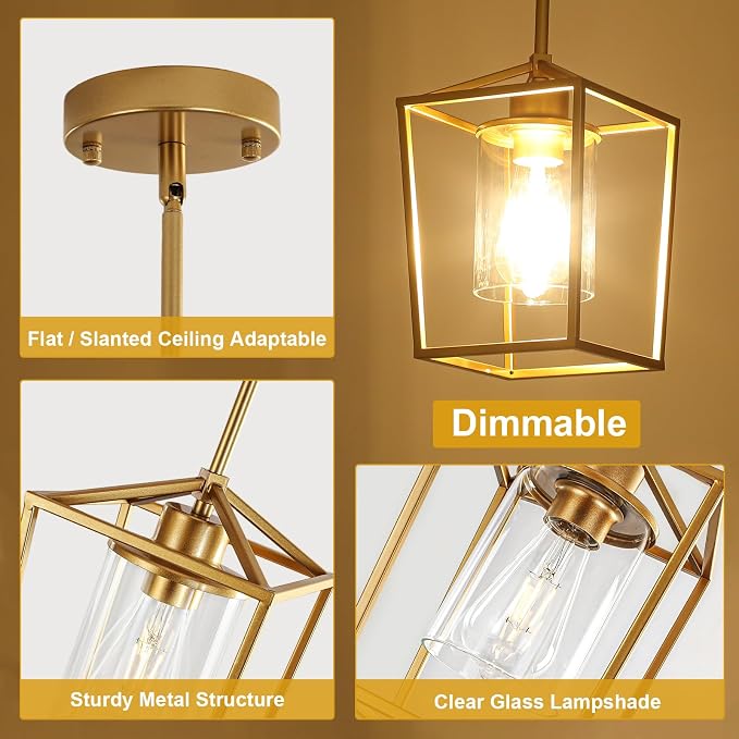 3 Pack Gold Pendant Lights, Modern Farmhouse Kitchen Pendant Lighting Over Island, Metal Cage Hanging Lights with Clear Glass Shade for Kitchen Island, Dining Room, Entryway, Hallway