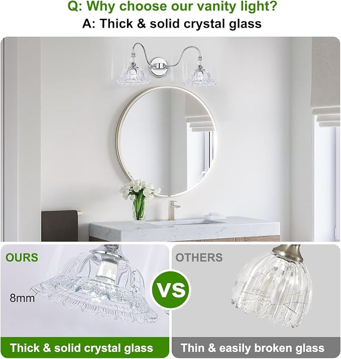 Modern Bathroom Vanity Light Fixtures 2 Lights Chrome Vanity Lights for Bathroom with Floral Crystal Glass Shade Modern Wall Lamp for Mirror(Exclude E26 Bulb)