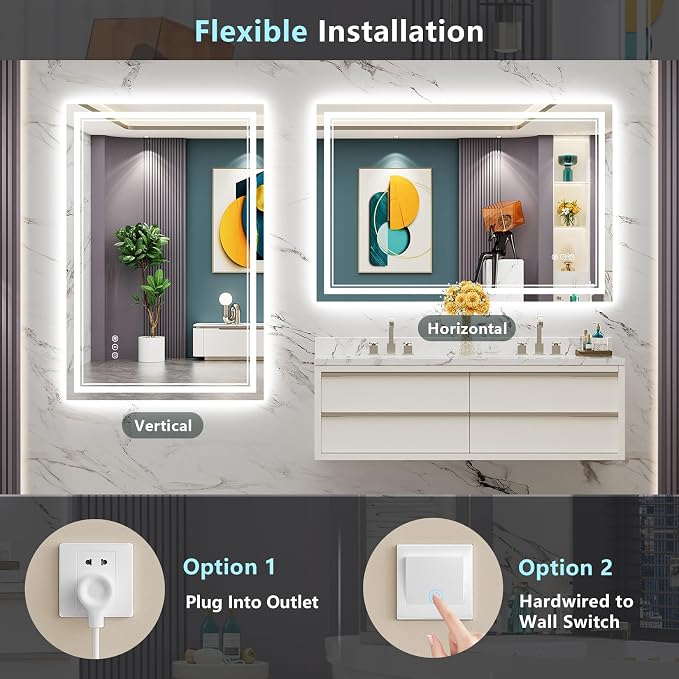 48x32 LED Bathroom Mirror, Backlit & Front Lit Lighted Mirror | Anti-Fog Vanity Mirror with Lights, 3 Color Dimmable, Memory, HD Tempered Glass, CRI95, IP54, UL Listed, Horizontal/Vertical