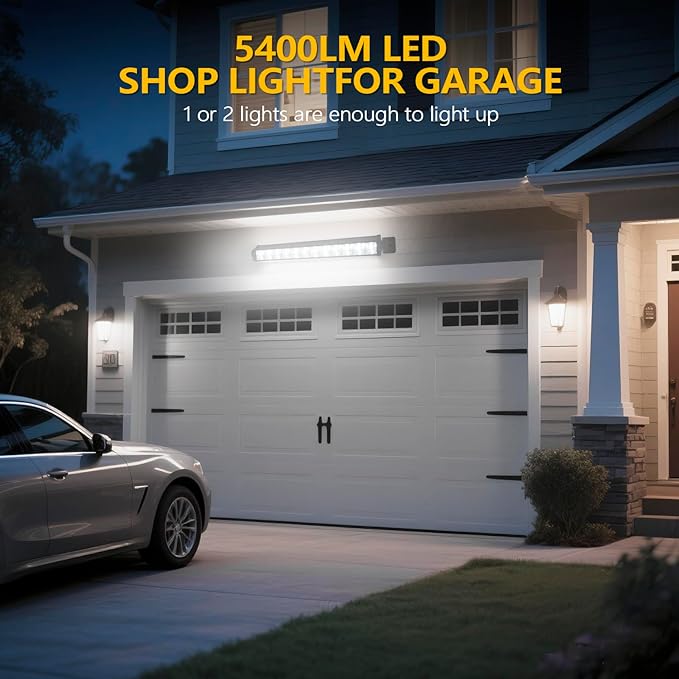 2 Pack 24W LED Shop Light, Plug in Garage Light with 6.5FT Cord and On/Off Switch, 6000K 5400LM Work Shop Lighting for Garage Workshop Warehouse Factory Yard