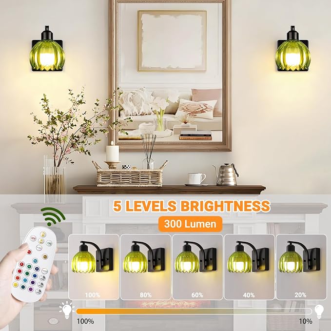 Battery Operated Wall Sconce Set of Two, Black Bedside Wall Mounted Lamps with Green Tulip Glass Shade, Vintage Dimmable Bathroom Sconces Wall Lighting for Mirror Bedroom Living Room