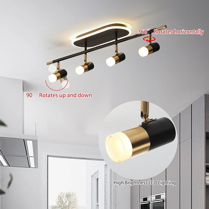 Jaycomey 4-Light LED Track Lighting Fixture with Remote Control, 41W Dimmable Ceiling Light Spotlights, Adjustable 3000K-6500K Modern Dining Room Ceiling Light for Kitchen Bedroom (Black &Gold)