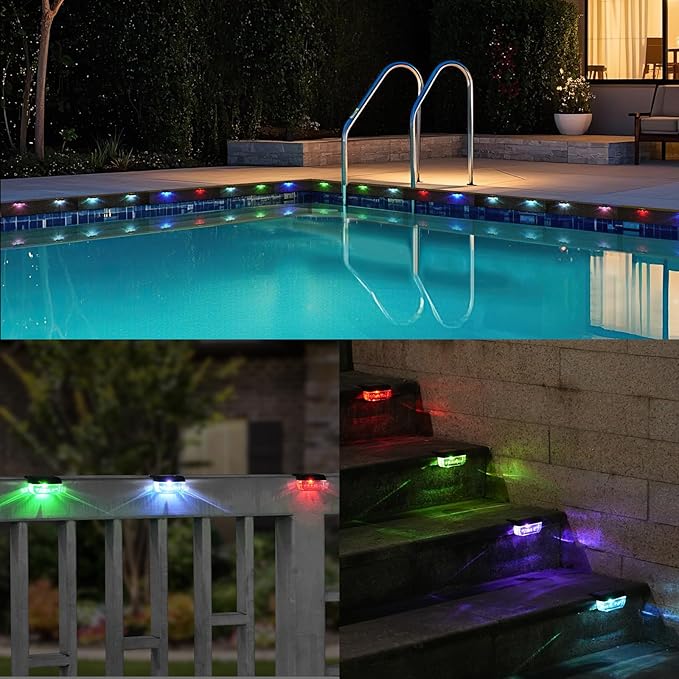 Solar Step Lights Outdoor, 8 Pack RGB Color Changing Christmas Solar Fence Lights, Waterproof Deck Lights for Outside, Step, Fence, Deck, Stair, Pool and Yard