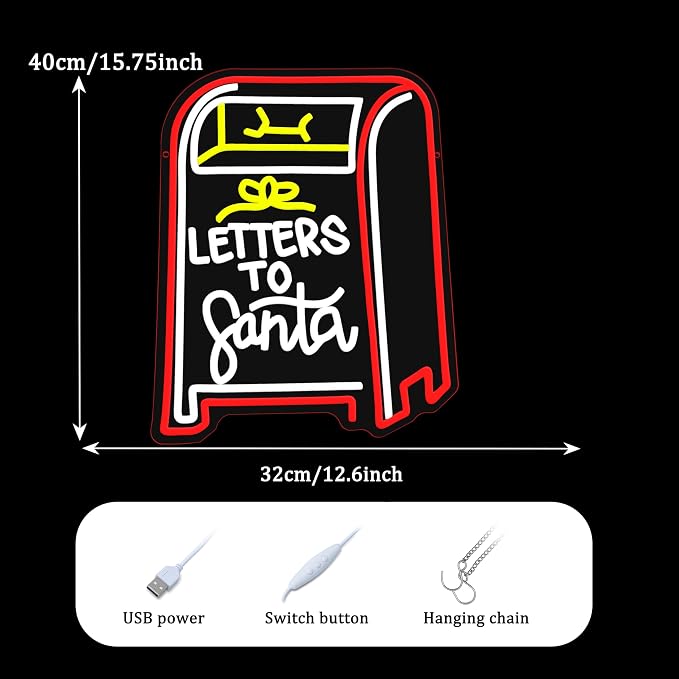 GNVETZLL Letters to Santa Neon Sign Christmas Letter Box Light up Sign Santa Neon Light Sign for Christmas Party Bedroom New Year Bar Wall Decorations(15.75 * 12.6In)