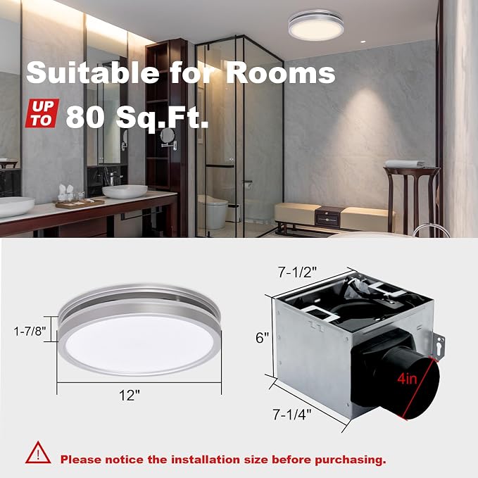 Akicon Bathroom Exhaust Fan with Light, 80 CFM 2.0 Sones Bathroom Fan for Ceiling, 3CCT 15W Dimmable LED Light and 3.5W Nightlight Vent Fans Combo for Home, Round, Sliver