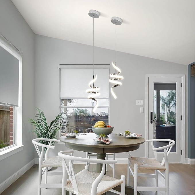Modern Spiral LED Pendant Lights Kitchen Island, 22W Adjustable Height Hanging Light Fixture 4000K Chrome Chandelier for Dining Room Cafe Table, 1 Pack