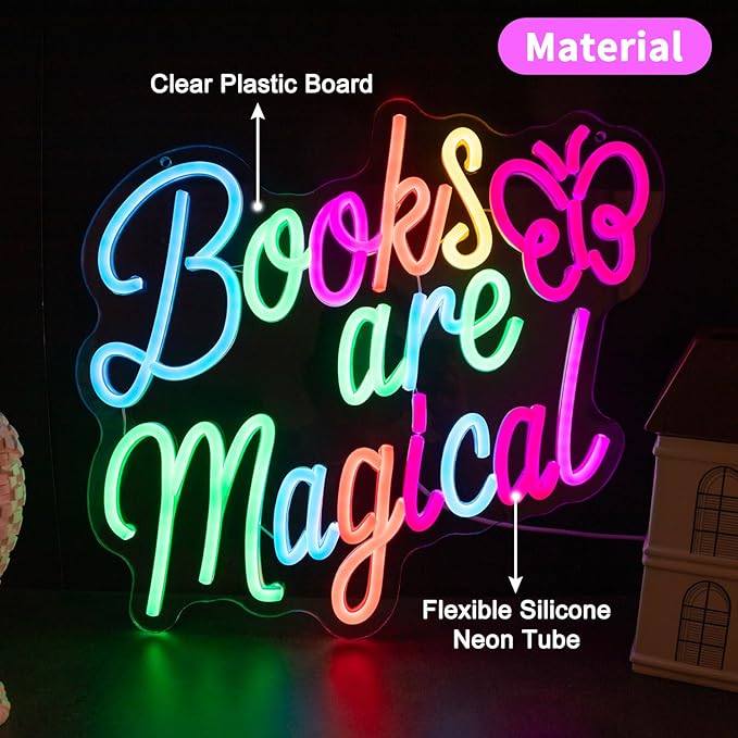Books Are Magical Neon Sign, Neon Signs for Wall Decor, Dimmable Led Signs for Bedroom, Light Up Signs for Classroom Reading Room Book Party Library Decoration Decor 14.57 x 12.6 inch