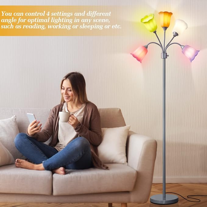 Medusa LED Floor Lamp, Multi Head Modern Tall Lamp with Adjustable Gooseneck Standing Lamps Led Tall Lamp for Living Room Bedroom Kids Room Office 6 Color Lampshades Bulb Not Included Silver