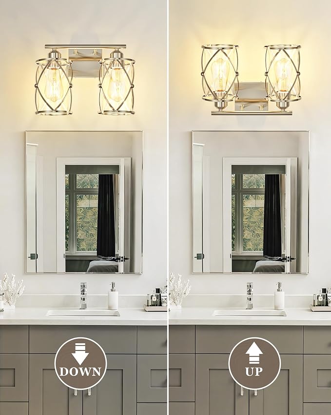 2-Light Brushed Nickel Bathroom Light Fixtures, 13.8 Inch Modern Bathroom Vanity Lighting Fixtures Over Mirror with Clear Glass and Metal Cage Wall Sconce Lights for Bath, E26, CH9176BN-2W