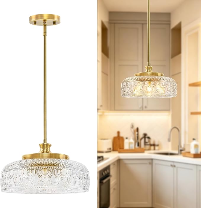 Lamomo 3-Light Adjustable Pendant Lights Kitchen Island, 12in Brushed Gold | Modern Clear Glass Ceiling Mount Hanging Lighting Fixture, Vintage Brass Drop Lights for Bathroom Hallway Bedroom Dining Room