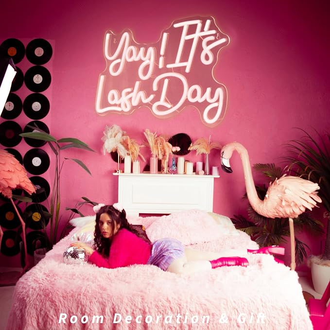 JEDAEMEN Yay It's Lash Day Neon Signs for Wall Decor Warm White LED Sign | Lash Neon Lights Led Light for Girls Beauty Makeup Room Decor Light Up Sign for Party Lash Salon Decoration USB Powered