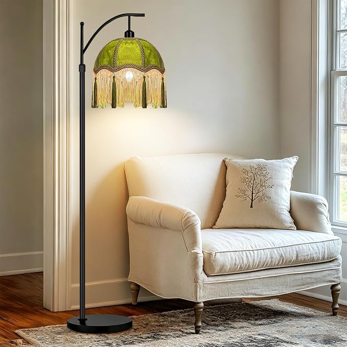 QIYIZM Arc Floor Lamp for Living Room,Bedroom,Standing Lamp with Remote Dimmable,Green Mid Century Black Tall Lamp Boho Vintage Retro Fringe Tassel Flower Velvet Unique Lamp Victorian Tiffany Decor