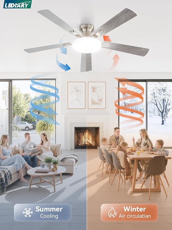 52 Inch Ceiling Fan with Lights and Remote, 30W 12" LED Panel Flush Mount Ceiling Fan, 6-Speed Quiet DC Motor Modern Low Profile Ceiling Fan with Reversible Blades for Bedroom, Living Room, Patio