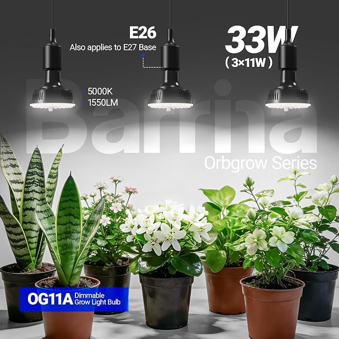 Barrina OG11A Grow Light Bulbs for Indoor Plant, 5000K 11W, 3 Packs, Black | Integrated Dimming & Timing, E26 Plant Light Bulb, Full Spectrum, High PPFD for Seeds and Greens