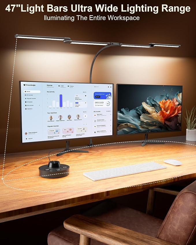 Desk Lamp Clamp Light 24W, Ultra Wide 4 Head Bars, 5 Color Modes Dimming, Multi-Screen Setup for Office, Architect, Black, Aluminum, Adapter Included