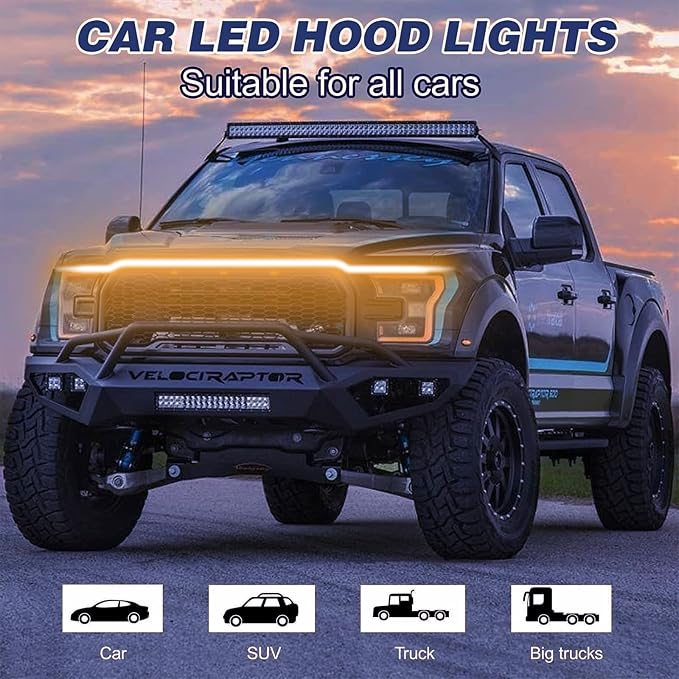 Car LED Hood Light Strip for Cars, SUVs, Trucks, Yellow, 70 Inch | 12V, Universal, Flexible Waterproof Daytime Running Light, Dynamic Scan Start-up Effect, Super Bright Bonnet Lights